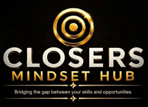 Closers Mindset Hub logo with target symbol and gold accents.